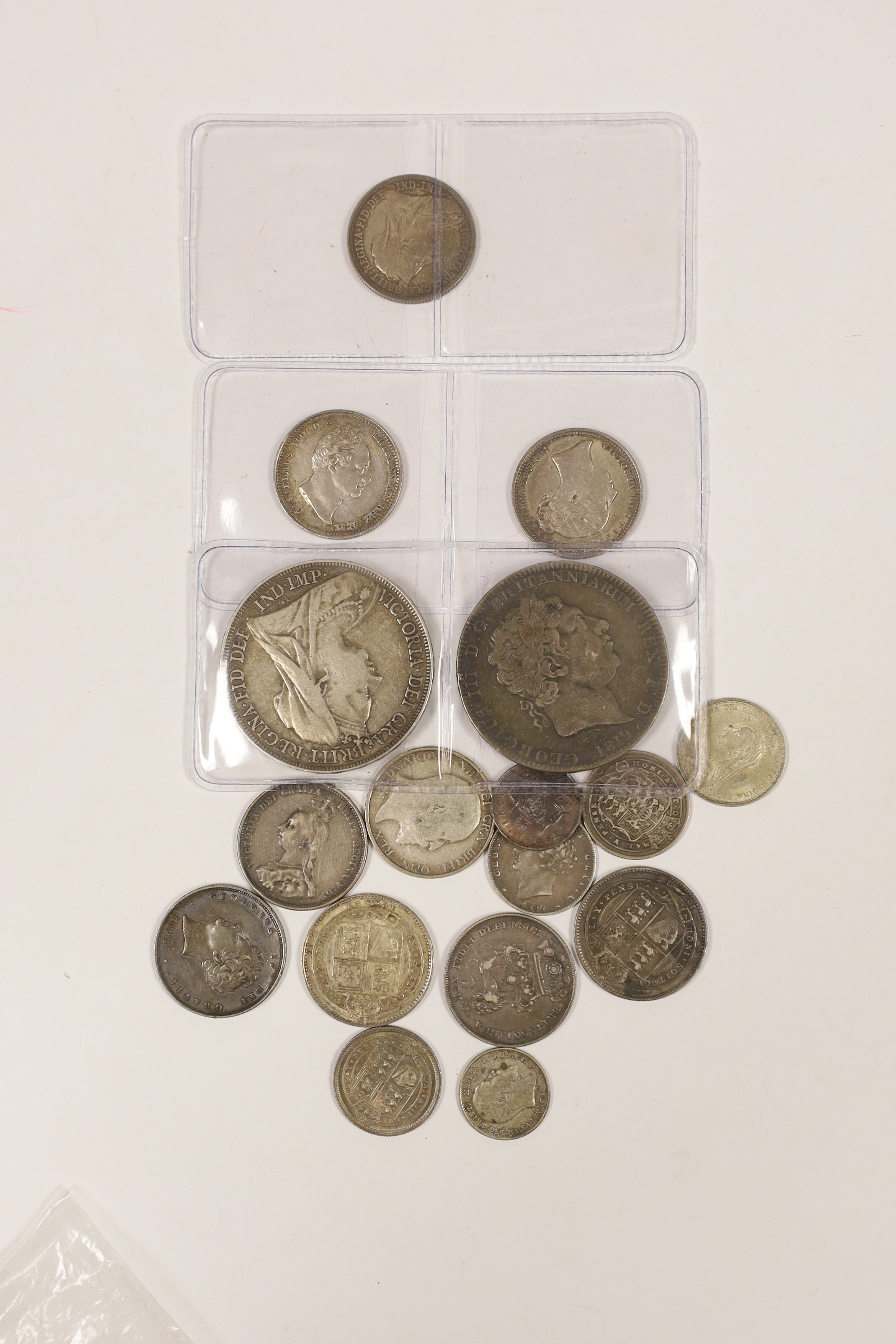 British silver coins, George III to George V, including a William IV shilling 1834, VF, various Victoria shillings 1870, VF, 1901 good VF etc. two crowns, 1819 and 1895, and mixed George III and later silver